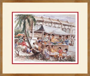 watercolour painting of early singapore emerald hill hawker scene by ching hing kang